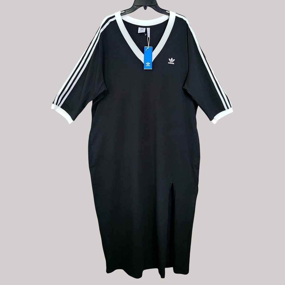 Adidas Originals Plus 4X Adicolor Classic 3 Stripes V-Neck Maxi Dress Black NEW